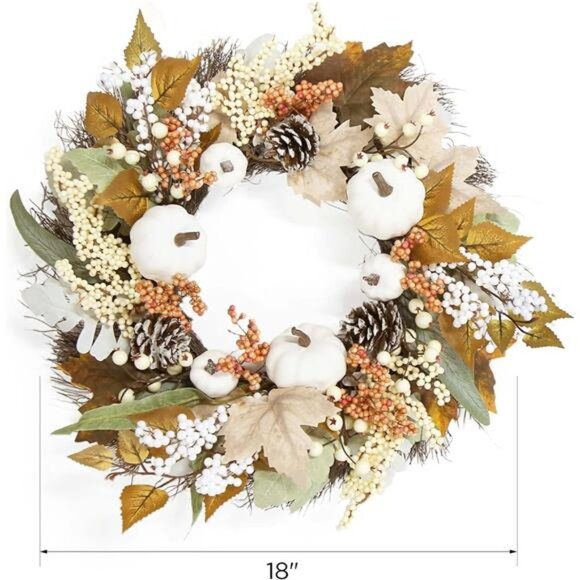 Fall Decor White Wreaths for Front Door - 18 Inch Autumn Maples Leaf Pumpkin - Picture 2 of 6
